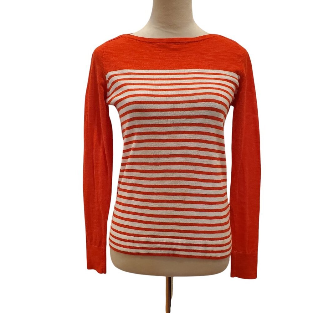 J CREW Boatneck Knit Sweater Red-Orange & White Striped 100% Cotton Nautical